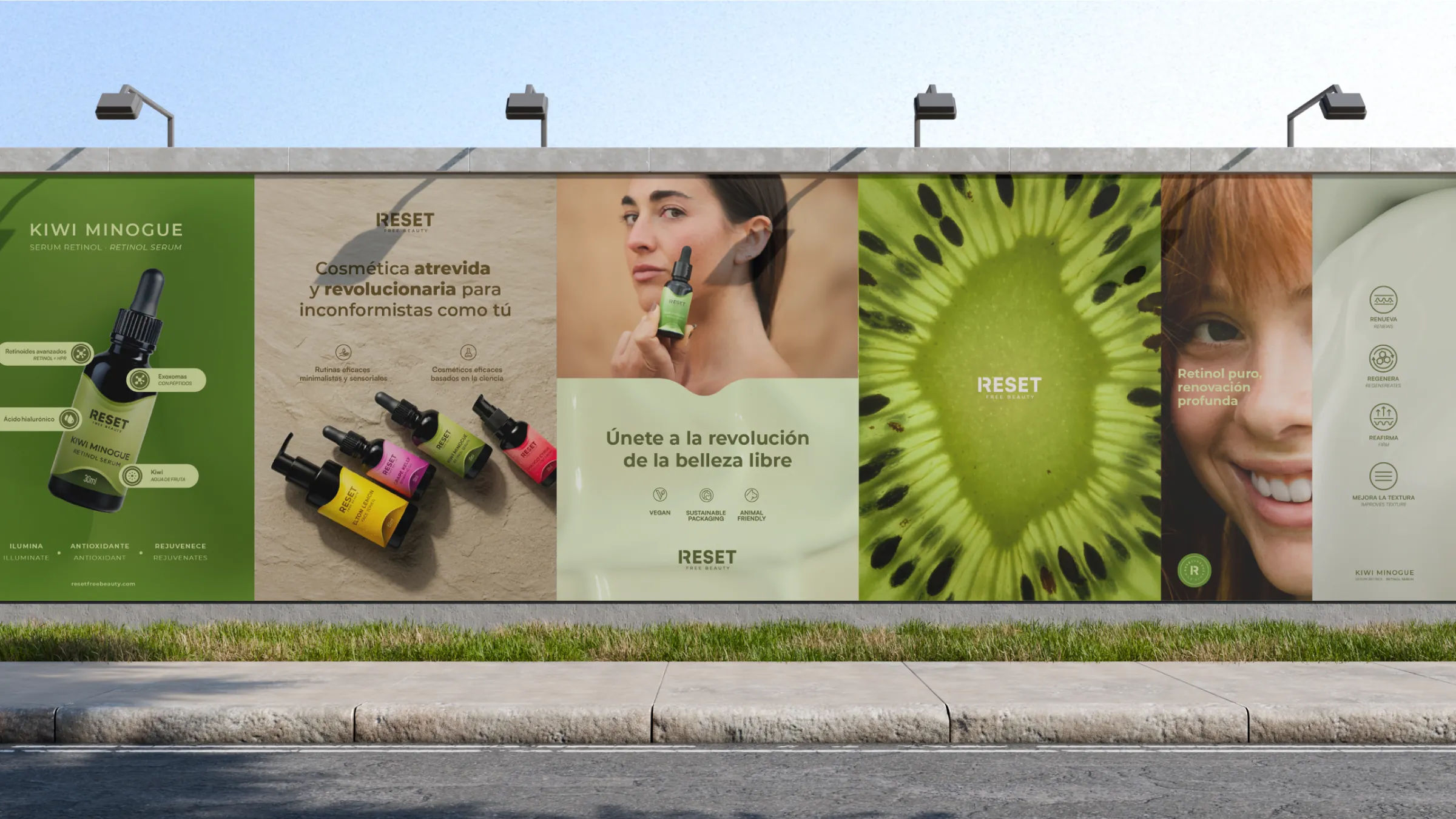 Valla publicitaria con seis carteles de Reset Free Beauty con sérums, fruta, retratos y mensajes de marca