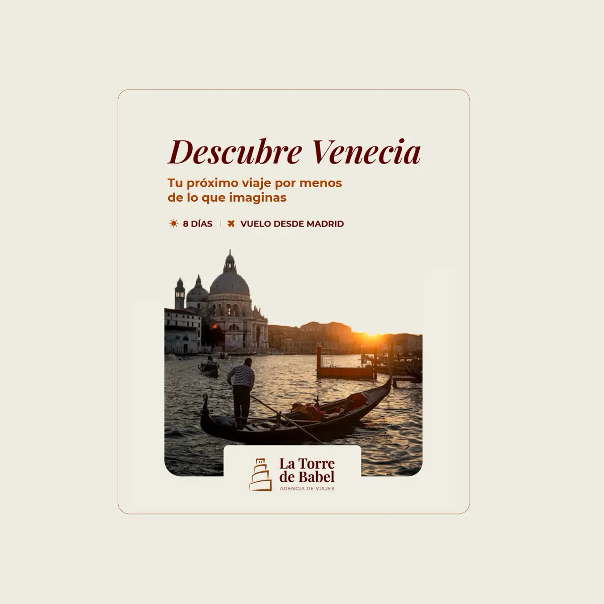 Publicación «Descubre Venecia» con una góndola al atardecer y el logotipo de la agencia