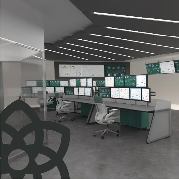 Sala de control diseñada por Daser con el símbolo de su marca en primer plano